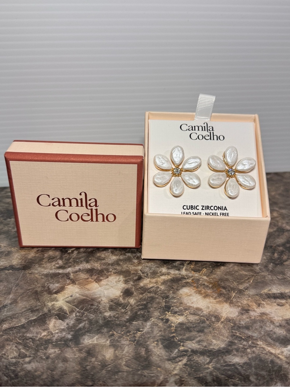 Camila Coelho Gold Tone faux white Shell Flower Stud Earrings CZ Accents New